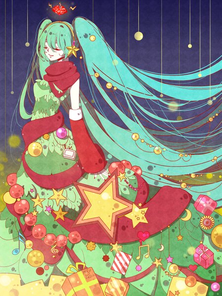 Anime picture 1200x1600 with vocaloid hatsune miku miso1006 single tall image fringe twintails eyes closed very long hair aqua hair christmas girl dress detached sleeves heart headphones scarf star (symbol) moon toy