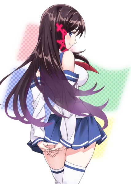 Anime picture 853x1200 with os-tan windows (operating system) xp-tan (saseko) matsuryuu single long hair tall image looking at viewer blush blue eyes smile brown hair looking back from behind girl thighhighs skirt uniform hair ornament detached sleeves