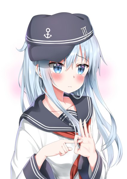 Anime picture 2507x3541 with kantai collection hibiki destroyer nedia (nedia region) single long hair tall image blush fringe highres blue eyes light erotic hair between eyes white background looking away silver hair sexually suggestive penetration gesture girl uniform hat