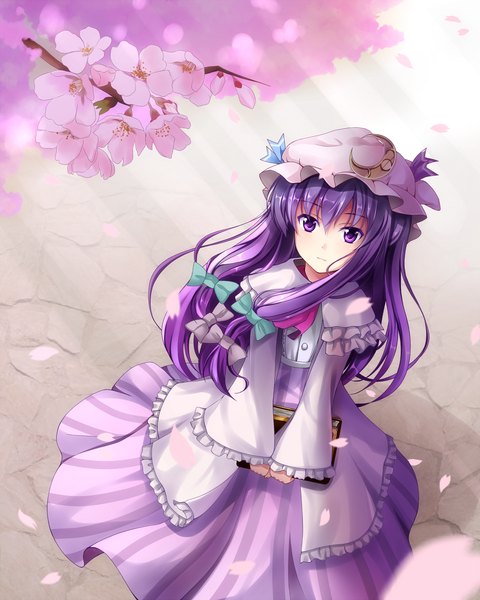 Anime picture 1583x1981 with touhou patchouli knowledge qiuzhi huiyi single long hair tall image purple eyes purple hair cherry blossoms crescent girl dress bow hair bow petals book (books) bonnet