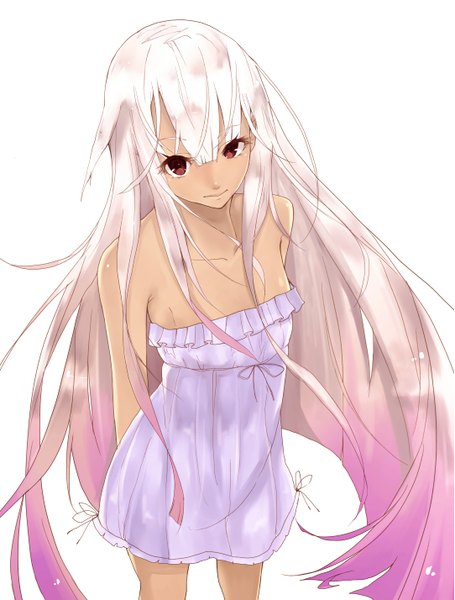 Anime picture 1083x1428 with original yamazaki haru single long hair tall image looking at viewer simple background smile red eyes white background bare shoulders pink hair white hair multicolored hair two-tone hair girl dress white dress