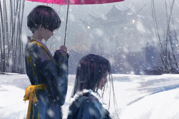 Anime picture 1280x850 with ghost blade jade (ghost blade) nan (ghost blade) wlop long hair fringe short hair standing holding outdoors eyes closed traditional clothes head tilt profile lips wide sleeves arms up snowing winter snow