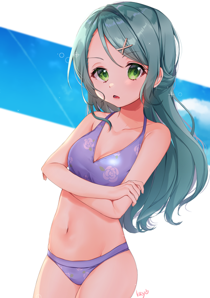 Anime picture 1500x2125 with bang dream! hikawa sayo kayo (skc08049) single long hair tall image looking at viewer blush fringe breasts open mouth light erotic simple background standing bare shoulders green eyes signed cleavage aqua hair floral print