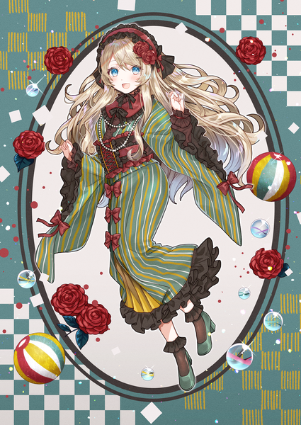 Anime picture 1000x1412 with original shione (memento forest) single long hair tall image looking at viewer fringe open mouth blue eyes blonde hair hair between eyes full body :d hair flower sparkle high heels girl flower (flowers) bow socks