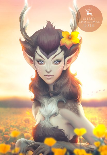 Anime picture 831x1200 with original artgerm (stanley lau) single long hair tall image looking at viewer brown hair sky white hair multicolored hair hair flower horn (horns) pointy ears sunlight realistic gradient hair silver eyes field girl hair ornament