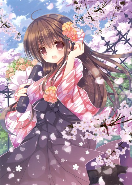 Anime picture 2489x3500 with original hashimo yuki single long hair tall image blush highres open mouth red eyes brown hair traditional clothes japanese clothes scan official art cherry blossoms graduation yagasuri meiji schoolgirl uniform girl hair ornament
