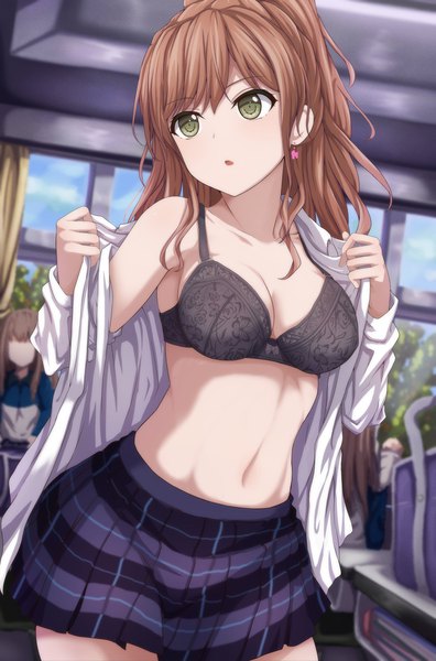 Anime picture 1354x2048 with bang dream! imai lisa narafume long hair tall image blush fringe breasts open mouth light erotic hair between eyes brown hair multiple girls green eyes payot looking away sky cleavage cloud (clouds) ponytail