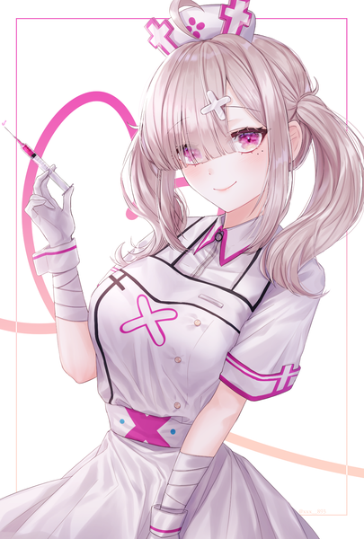 Anime picture 1228x1819 with virtual youtuber nijisanji sukoya kana h4m (nacho0101) single long hair tall image looking at viewer fringe simple background smile white background purple eyes twintails silver hair ahoge hair over one eye mole mole under eye nurse