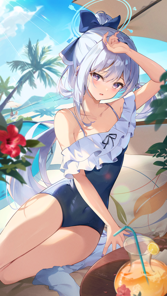 Anime picture 2483x4394 with blue archive miyako (blue archive) miyako (swimsuit) (blue archive) kokonex single long hair tall image looking at viewer blush fringe highres light erotic hair between eyes sitting purple eyes sky silver hair cloud (clouds) outdoors ponytail