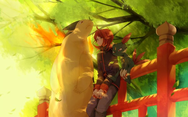 Anime picture 1200x750 with pokemon pokemon heartgold and soulsilver nintendo silver (pokemon) typhlosion sneasel komasawa (fmn-ppp) single looking at viewer blush short hair ahoge red hair black eyes gen 2 pokemon boy plant (plants) animal tree (trees) leaf (leaves)