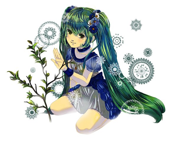 Anime picture 1034x823 with vocaloid hatsune miku peta (artist) single red eyes twintails very long hair hair flower green hair girl dress hair ornament plant (plants)