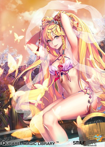 Anime picture 800x1118 with qurare: magic library ji-sun single long hair tall image fringe breasts light erotic blonde hair smile sitting yellow eyes sky cloud (clouds) braid (braids) arms up armpit (armpits) legs happy glow