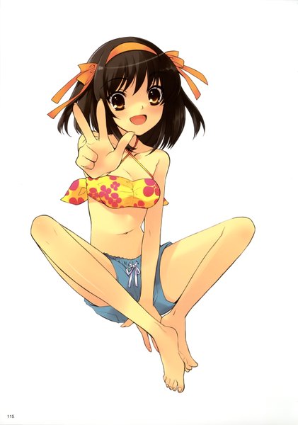 Anime picture 4726x6734 with suzumiya haruhi no yuutsu kyoto animation suzumiya haruhi itou noiji single tall image looking at viewer blush highres short hair open mouth simple background brown hair white background sitting yellow eyes absurdres barefoot scan official art