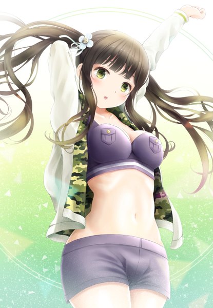 Anime picture 992x1432 with gochuumon wa usagi desu ka? white fox ujimatsu chiya papi (papiron100) single long hair tall image breasts light erotic black hair twintails green eyes camouflage girl navel shorts