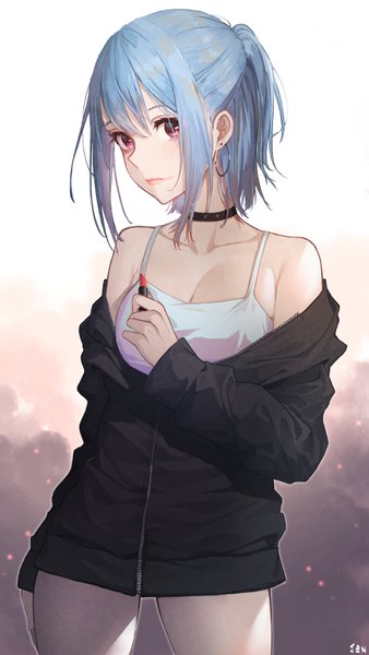 Anime picture 1752x3110 with original arjent single tall image looking at viewer blush fringe highres short hair breasts simple background hair between eyes standing purple eyes bare shoulders holding signed payot blue hair cleavage