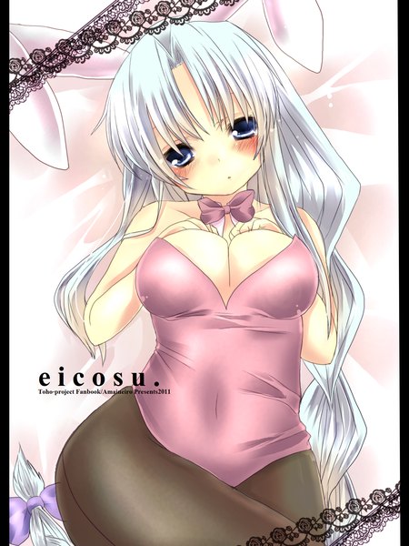 Anime picture 1536x2048 with touhou yagokoro eirin amane ruri single tall image looking at viewer blush breasts blue eyes light erotic bare shoulders animal ears silver hair very long hair bunny ears girl pantyhose bunnysuit