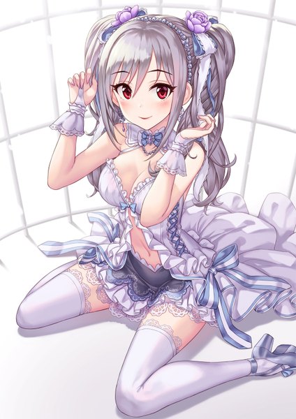 Anime picture 1060x1500 with idolmaster idolmaster cinderella girls idolmaster cinderella girls starlight stage kanzaki ranko hhama single long hair tall image looking at viewer blush fringe breasts light erotic simple background smile hair between eyes red eyes large breasts white background sitting