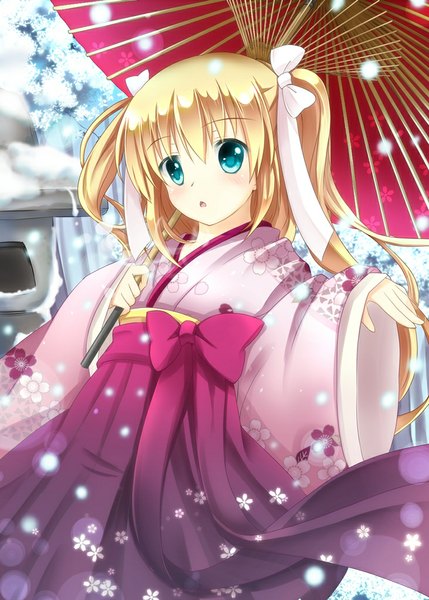 Anime picture 732x1024 with little busters! key (studio) tokido saya iris yayoi long hair tall image blue eyes blonde hair traditional clothes japanese clothes wide sleeves snowing winter snow girl bow hair bow kimono umbrella snowflake (snowflakes)