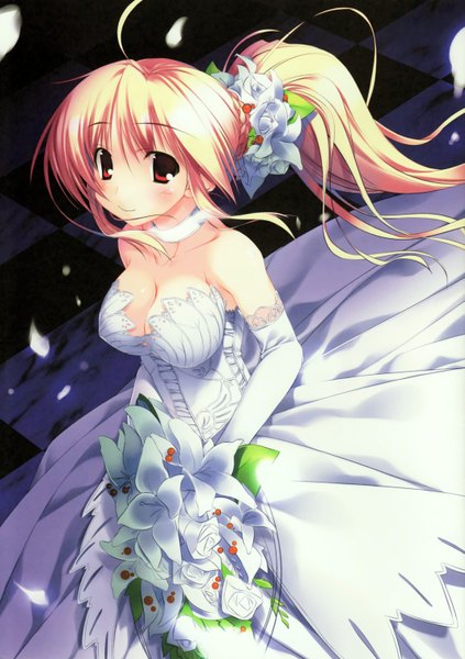 Anime picture 2130x3020 with original kagome (traumatize) single long hair tall image looking at viewer blush highres breasts light erotic blonde hair smile ponytail scan girl dress gloves flower (flowers) petals elbow gloves