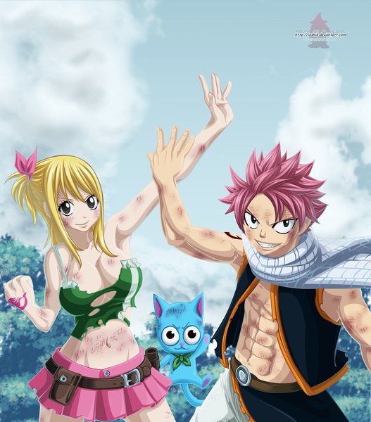 Anime picture 1142x1300 with fairy tail lucy heartfilia natsu dragneel happy (fairy tail) ioshik long hair tall image short hair light erotic blonde hair smile brown eyes pink hair sky cloud (clouds) black eyes armpit (armpits) midriff tattoo torn clothes