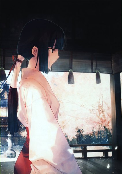 Anime picture 2607x3695 with type-moon takeuchi takashi single long hair tall image highres black hair traditional clothes japanese clothes profile cherry blossoms miko girl plant (plants) petals tree (trees) hakama statue japanese house