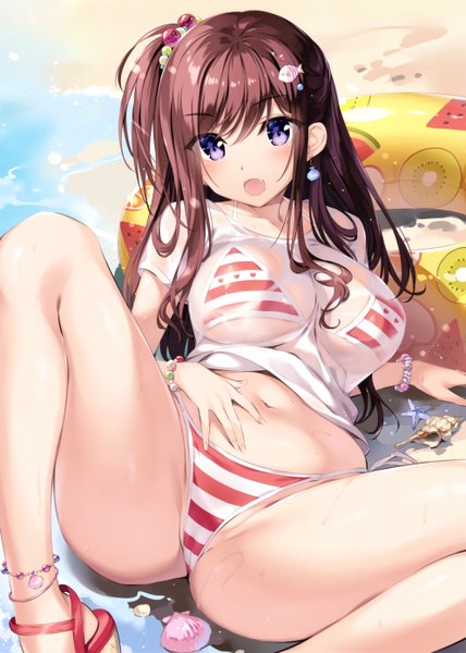 Anime picture 3971x5560 with original oryou single long hair tall image looking at viewer blush fringe highres breasts open mouth light erotic smile hair between eyes brown hair large breasts purple eyes absurdres outdoors :d