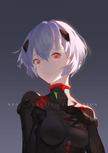Anime picture 2480x3508 with neon genesis evangelion gainax ayanami rei sannye single tall image looking at viewer fringe highres short hair simple background hair between eyes red eyes silver hair upper body grey background copyright name girl bodysuit pilot suit