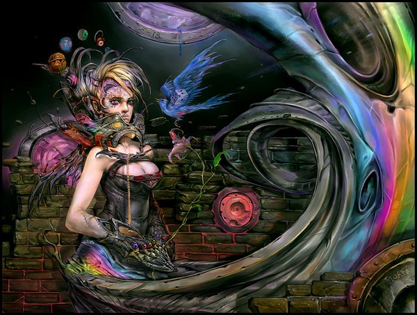 Anime picture 940x710 with original noah-kh single long hair blonde hair red eyes bare shoulders green eyes sky pink eyes sleeveless black background black wings multicolored eyes face paint messy hair brick wall girl gloves flower (flowers)