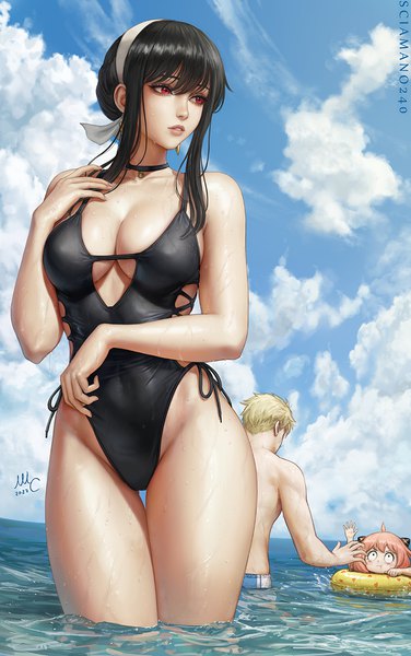 Anime picture 840x1340 with spy x family yor briar anya (spy x family) twilight (spy x family) sciamano240 long hair tall image fringe short hair breasts light erotic black hair blonde hair hair between eyes red eyes large breasts standing multiple girls signed payot