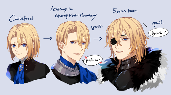 Anime picture 1270x709 with fire emblem fire emblem: three houses nintendo dimitri alexandre blaiddyd sb (artist) looking at viewer fringe short hair blue eyes simple background blonde hair smile hair between eyes wide image upper body parted lips multiple boys text english alternate age