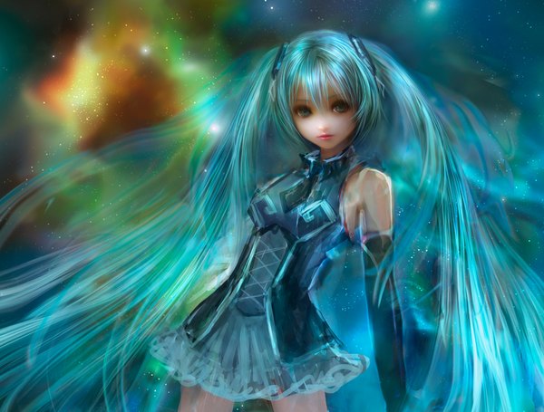Anime picture 2000x1518 with vocaloid hatsune miku shu-littlebit single fringe highres twintails looking away very long hair aqua eyes lips realistic aqua hair girl dress detached sleeves necktie