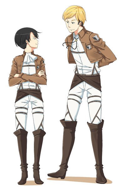 Anime picture 806x1272 with shingeki no kyojin production i.g levi (rivaille) erwin smith zukaketawagase tall image short hair black hair simple background blonde hair standing white background full body profile open jacket multiple boys turning head crossed arms hands behind back eye contact