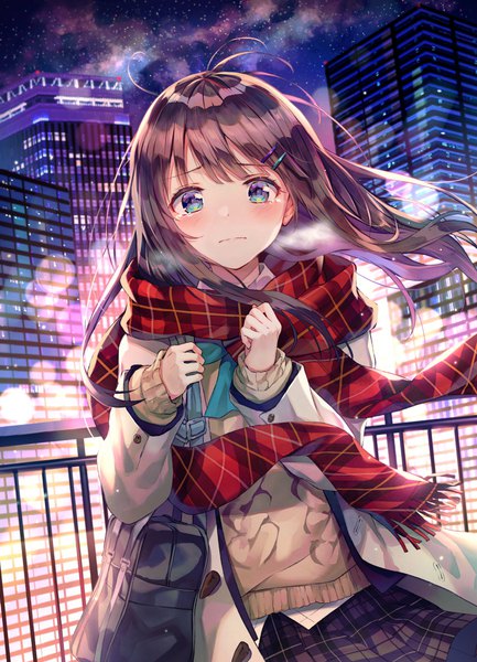 Anime picture 847x1174 with original huwari (dnwls3010) single long hair tall image looking at viewer blush fringe blue eyes brown hair standing ahoge outdoors long sleeves wind night open clothes night sky lens flare plaid skirt
