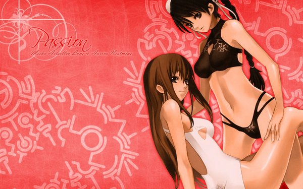 Anime picture 1600x1000 with ar tonelico gust (company) aurica nestmile misha arsellec lune nagi ryou long hair looking at viewer fringe breasts light erotic black hair smile brown hair wide image large breasts sitting multiple girls braid (braids) parted lips looking back