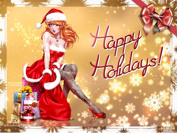 Anime picture 4000x3000 with thenightwishmaster single looking at viewer fringe highres breasts bare shoulders absurdres bent knee (knees) one eye closed pink eyes lips wink orange hair sparkle fur trim sleeveless lipstick christmas merry christmas