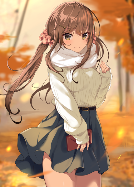 Anime picture 1430x2000 with original ikomochi single long hair tall image looking at viewer blush fringe breasts smile hair between eyes brown hair standing twintails holding yellow eyes payot outdoors wind depth of field