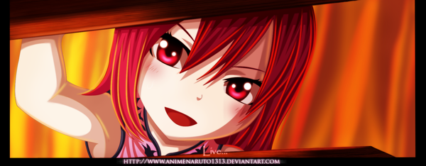 Anime picture 1700x663 with fairy tail erza scarlet ifeergirl single long hair blush open mouth smile red eyes wide image red hair inscription coloring close-up face girl