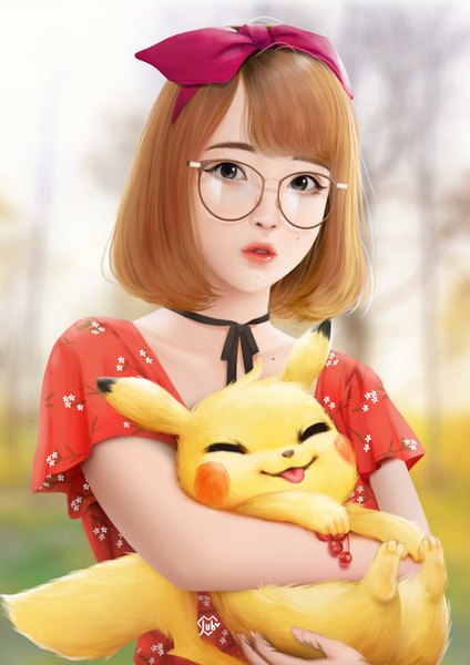 Anime picture 2480x3508 with pokemon nintendo real life pikachu metta coraima jubi (regiana) single tall image looking at viewer highres short hair brown hair signed parted lips black eyes blurry realistic mole short sleeves hug