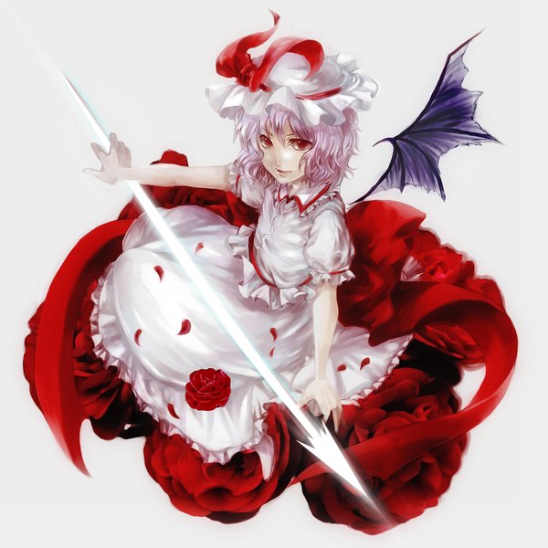 Anime picture 1500x1500 with touhou remilia scarlet 29 (artist) single short hair simple background smile red eyes white background pink hair girl dress flower (flowers) bow weapon wings bonnet ascot spear polearm