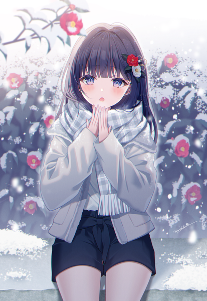 Anime picture 1157x1682 with original myusha single long hair tall image looking at viewer blush fringe open mouth blue eyes black hair sitting outdoors blunt bangs hair flower winter snow girl flower (flowers) shorts