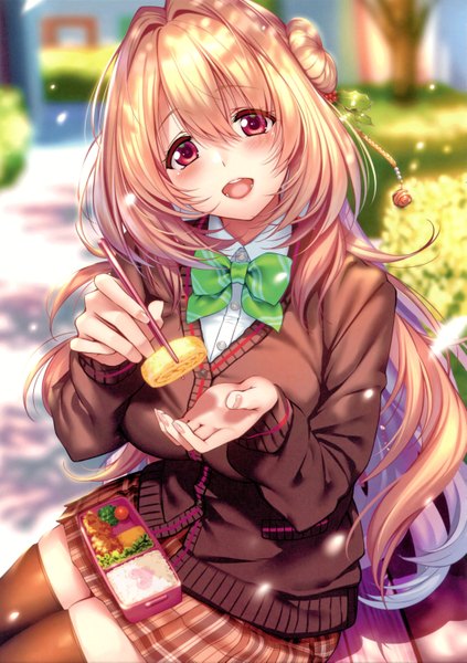 Anime picture 4260x6041 with hanikami kanojo hiiragi sano piromizu single long hair tall image looking at viewer blush fringe highres open mouth blonde hair smile hair between eyes red eyes sitting holding absurdres outdoors head tilt