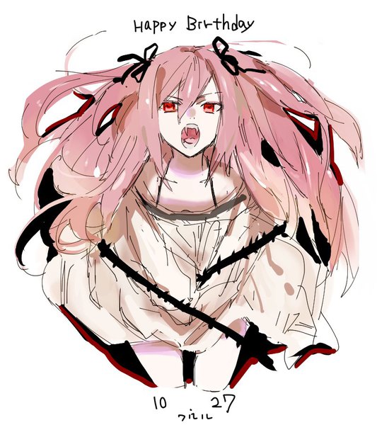 Anime picture 800x900 with owari no seraph wit studio kururu tepes mikuroron single long hair tall image looking at viewer fringe open mouth simple background hair between eyes red eyes white background pink hair fang (fangs) dated vampire sketch girl