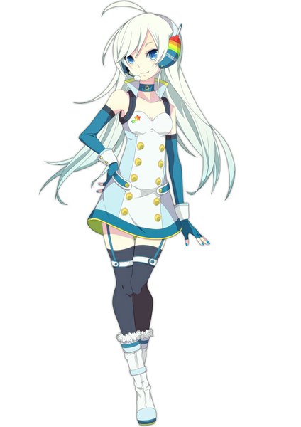Anime picture 707x1000 with original merlusa single long hair tall image looking at viewer blue eyes simple background smile white background bent knee (knees) white hair nail polish zettai ryouiki hand on hip girl thighhighs gloves boots fingerless gloves