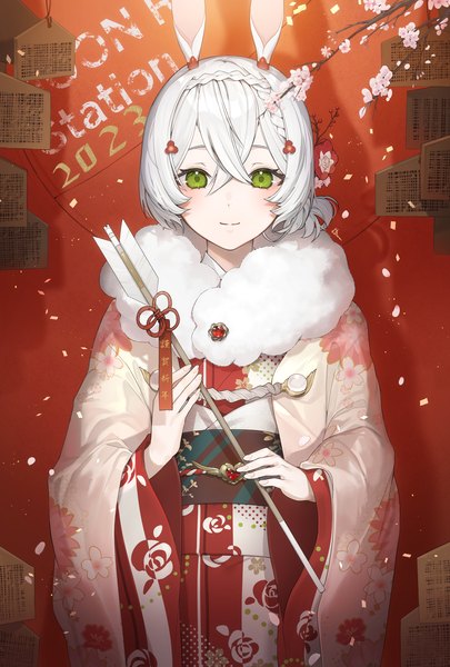 Anime picture 1378x2040 with original fuu kotora single tall image looking at viewer fringe short hair smile hair between eyes holding green eyes animal ears white hair traditional clothes japanese clothes bunny ears floral print new year 2023 girl