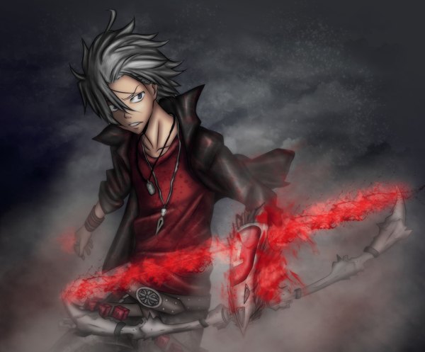 Anime picture 2181x1810 with katekyou hitman reborn gokudera hayato gray fullbuster (artist) single highres short hair grey hair grey eyes coloring magic smoke boy weapon pendant