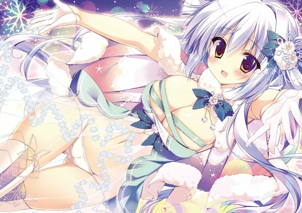 Anime picture 800x566 with original mitsumomo mamu single long hair blush breasts open mouth light erotic smile large breasts yellow eyes silver hair hair flower girl gloves navel hair ornament underwear panties flower (flowers)
