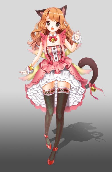 Anime picture 1000x1524 with original jeong ira single long hair tall image looking at viewer open mouth brown hair animal ears tail animal tail black eyes cat ears shadow cat girl cat tail girl thighhighs dress black thighhighs