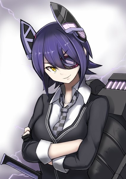 Anime picture 800x1129 with kantai collection tenryuu light cruiser nosuku single tall image short hair simple background smile yellow eyes looking away purple hair crossed arms checkered girl necktie eyepatch