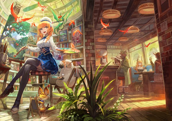 Anime picture 1701x1200 with original lack long hair looking at viewer fringe highres short hair breasts blue eyes blonde hair smile brown hair sitting multiple girls holding animal ears indoors blunt bangs pleated skirt arm up