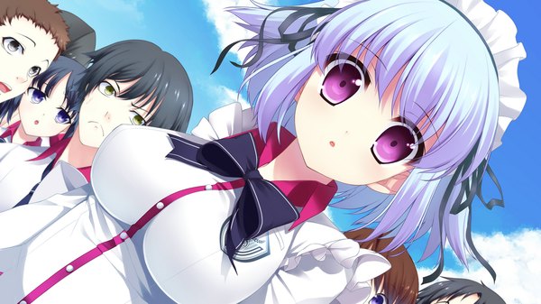 Anime picture 1280x720 with chuning lover eru alfred koso looking at viewer short hair wide image purple eyes blue hair game cg maid girl headdress bowtie maid headdress